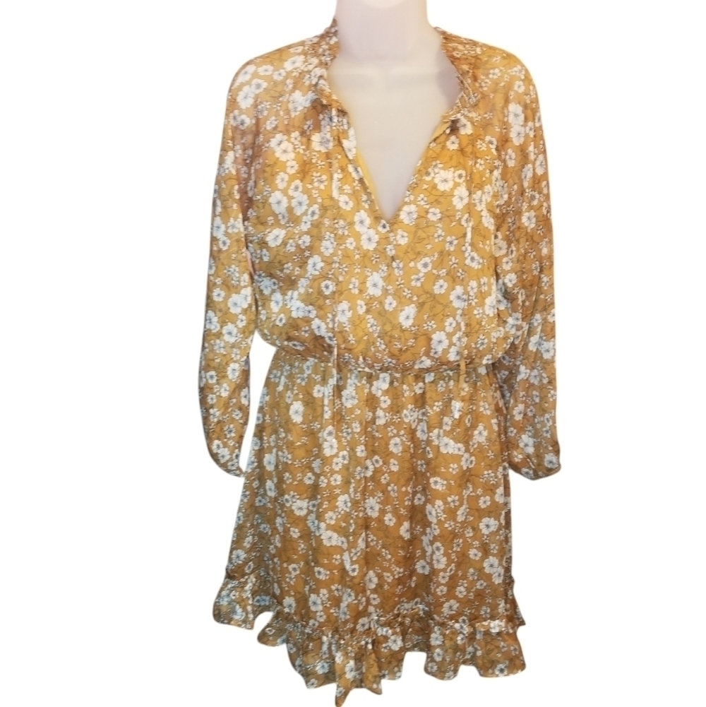 NWT Ryan Michelle Mustard Yellow Boho Floral Mini Dress Long Sleeve Size M